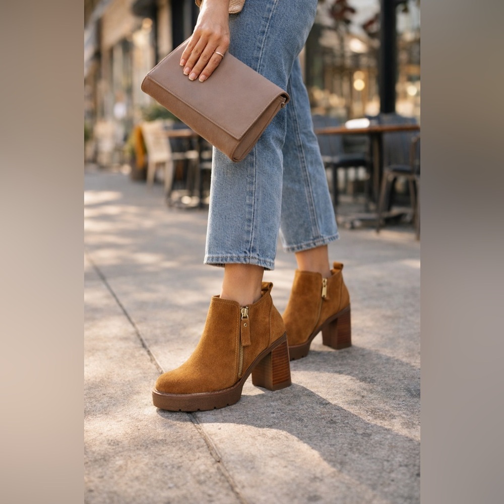NWT Carmela Italy Suede Platform Booties Brown Size 8 Chunky Heel